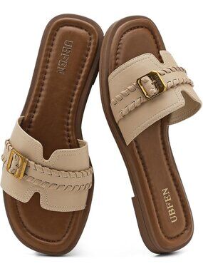 Women's Khaki Square Toe Flat Sandals Slides Dressy Comfortable for Casual